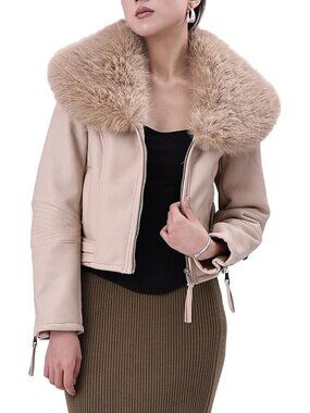 Womens Beige Polyester Faux Motorcycle Stylish Removable Fur Collar Jacket